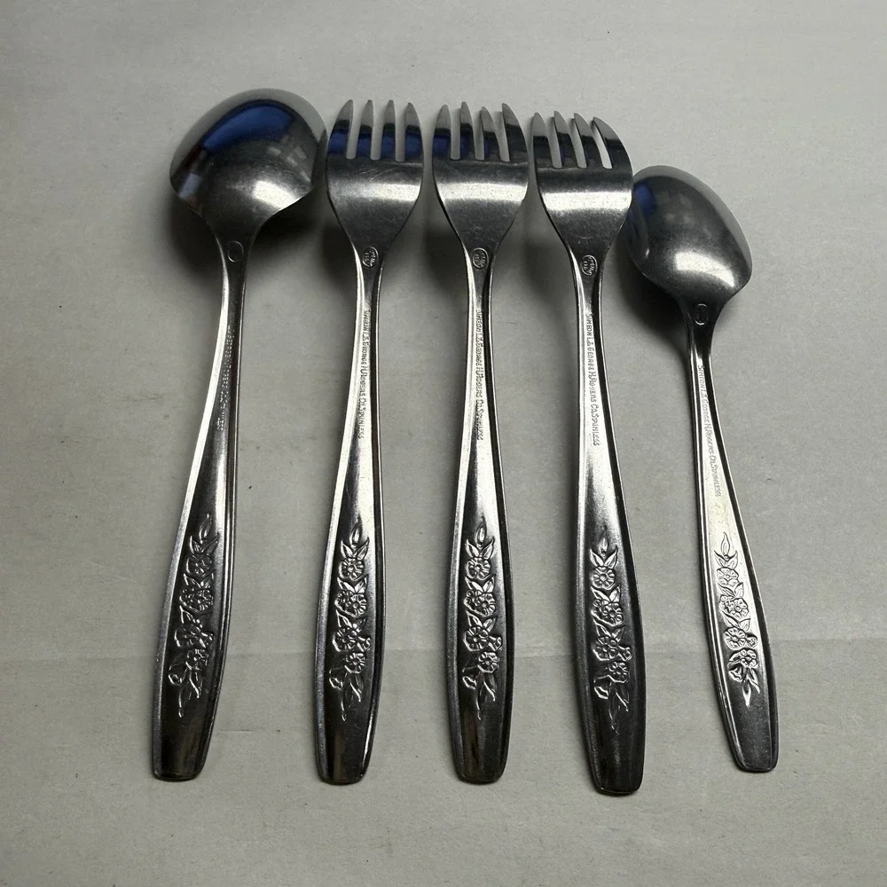 5 Simeon L George H Rogers Stainless Flatware Dinner Forks Spoons Spring Ballad